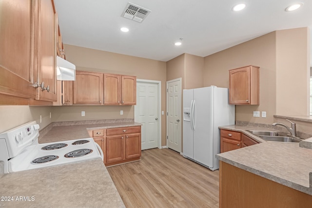 kitchen with light brown cabinets, light hardwood / wood-style flooring, ventilation hood, sink, and white appliances