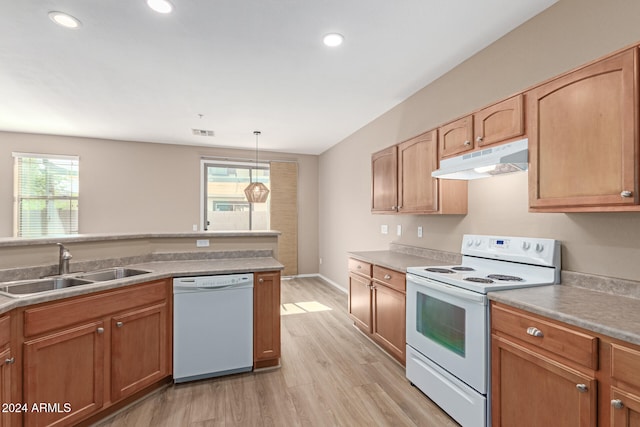 kitchen with white appliances, a wealth of natural light, light wood-type flooring, and sink