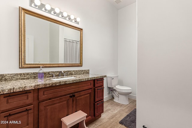 bathroom with vanity, wood-type flooring, and toilet