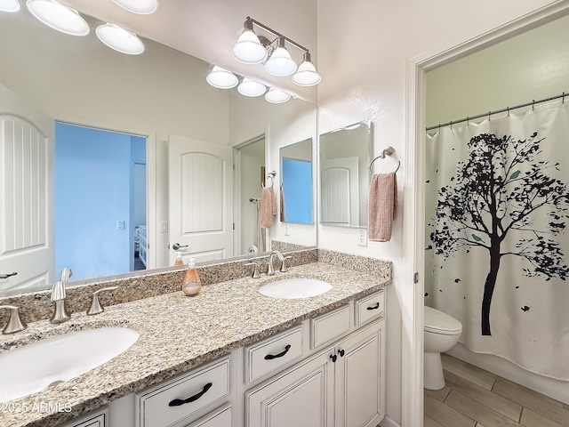 full bathroom with double vanity, wood finish floors, a sink, and toilet