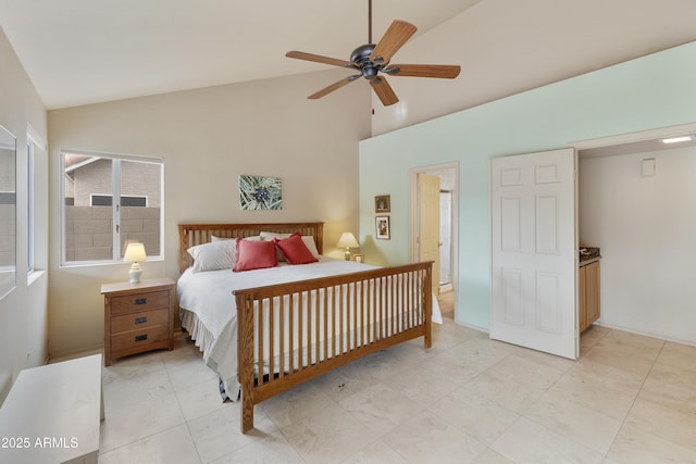 bedroom featuring high vaulted ceiling and ceiling fan