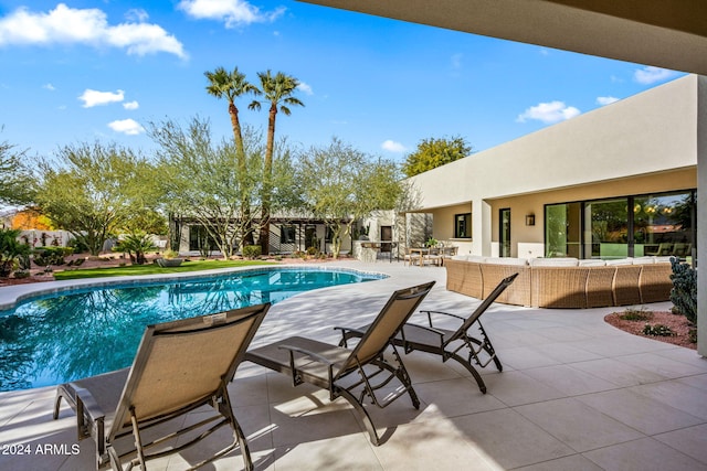 view of swimming pool featuring a patio