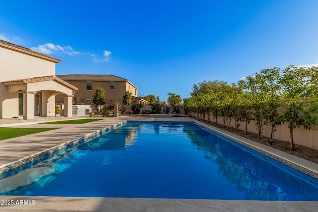 view of swimming pool featuring a patio area and exterior kitchen