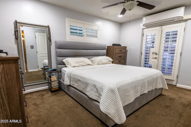 carpeted bedroom with ceiling fan, a wall unit AC, and access to outside