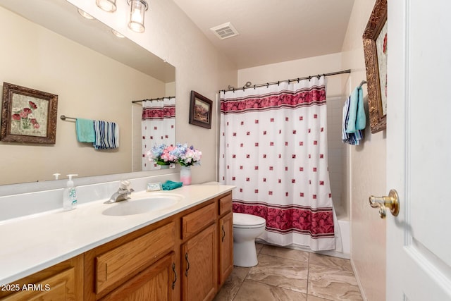 1802 W Encinas St, Gilbert, AZ 85233 - bathroom featuring vanity, toilet, marble finish flooring, and shower / tub combo with curtain