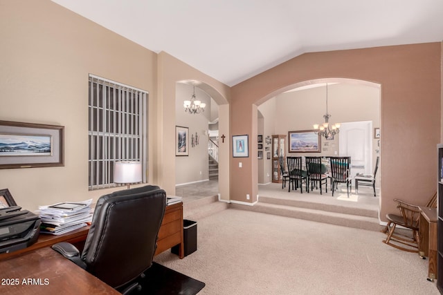 1802 W Encinas St, Gilbert, AZ 85233 - carpeted office with a chandelier, arched walkways, vaulted ceiling, and baseboards