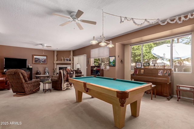 1802 W Encinas St, Gilbert, AZ 85233 - game room featuring light colored carpet, ceiling fan, billiards table, a textured ceiling, and a fireplace