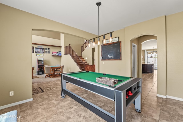 14430 W Windsor Ave, Goodyear, AZ 85395 - rec room featuring arched walkways, pool table, baseboards, and tile patterned flooring