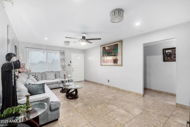 living room with light tile patterned floors, baseboards, ceiling fan, and recessed lighting