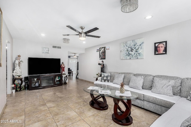 tiled living room featuring visible vents, recessed lighting, baseboards, and ceiling fan