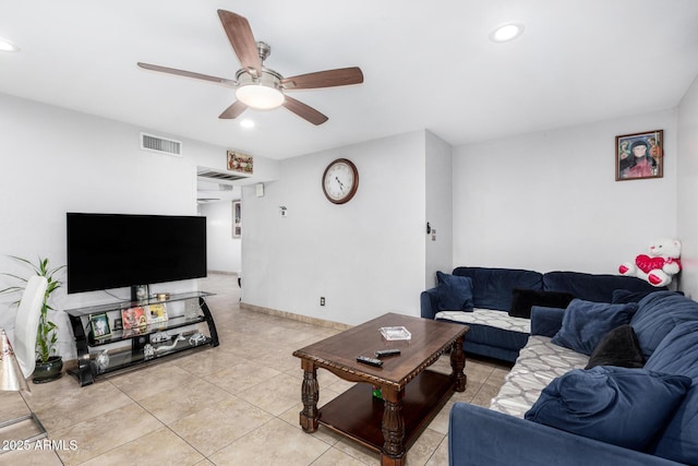 living area with a ceiling fan, visible vents, and recessed lighting