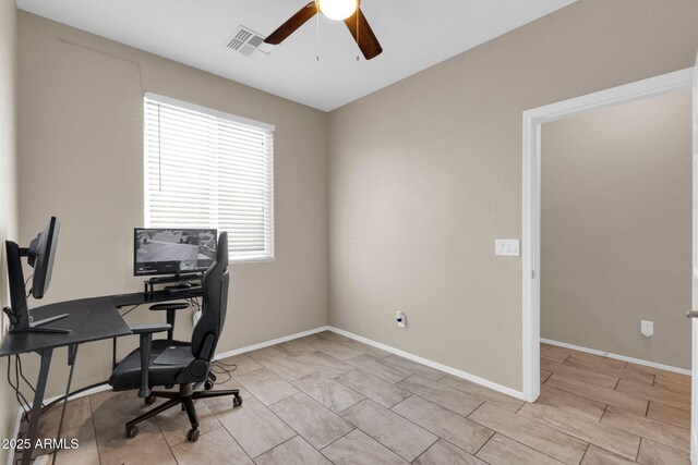 office with visible vents, baseboards, and ceiling fan