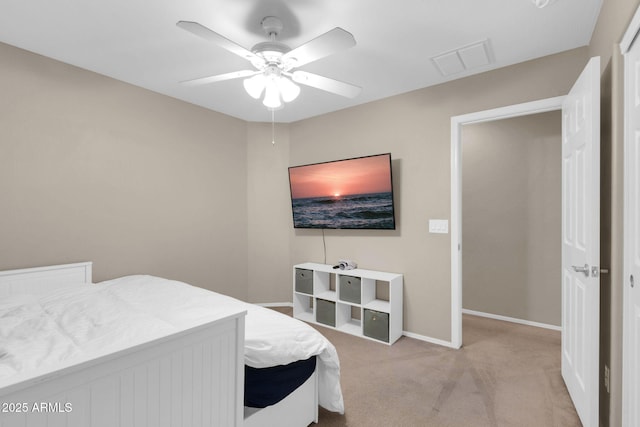 bedroom with ceiling fan, carpet, visible vents, and baseboards