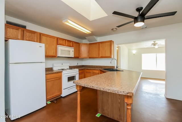 kitchen featuring white appliances, a kitchen breakfast bar, sink, ceiling fan, and kitchen peninsula