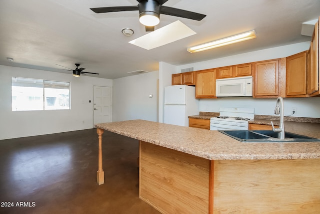 kitchen featuring kitchen peninsula, ceiling fan, sink, and white appliances