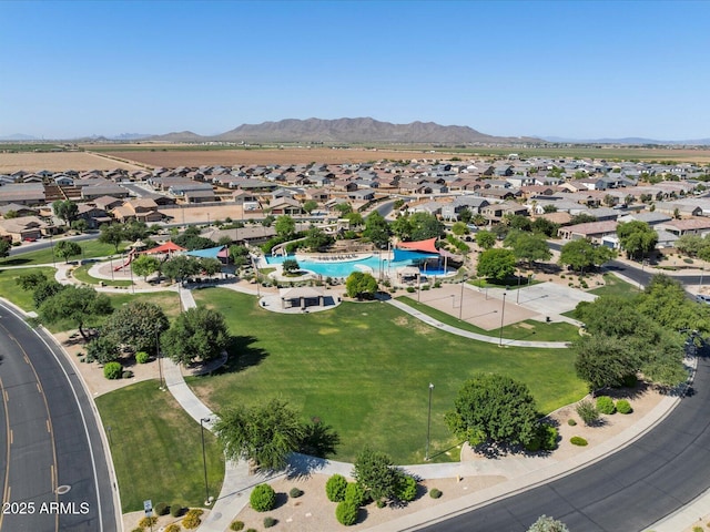 drone / aerial view featuring a mountain view