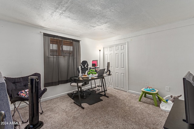 carpeted office space with a textured ceiling