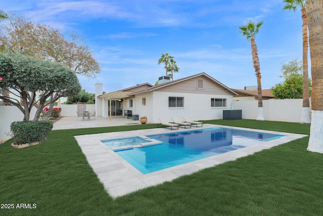 rear view of property with a fenced in pool, cooling unit, a lawn, and a patio