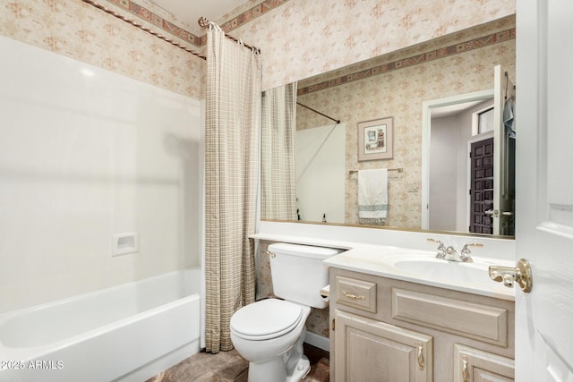 7955 E Chaparral Rd Unit 17, Scottsdale, AZ 85250 - bathroom featuring wallpapered walls, shower / bath combination with curtain, and vanity
