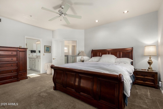 7955 E Chaparral Rd Unit 17, Scottsdale, AZ 85250 - carpeted bedroom featuring ensuite bath, recessed lighting, and ceiling fan