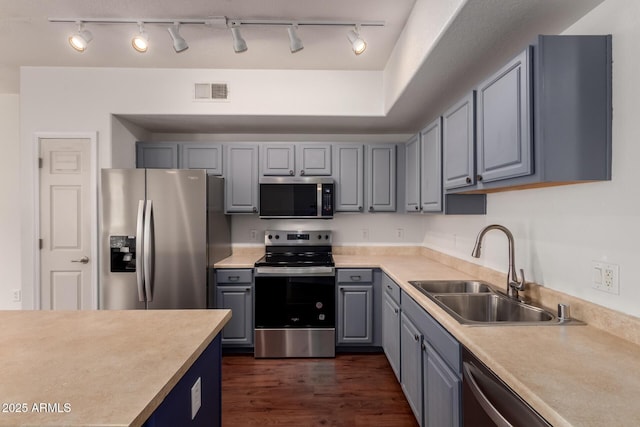 kitchen with a sink, gray cabinets, visible vents, appliances with stainless steel finishes, and dark wood-style floors