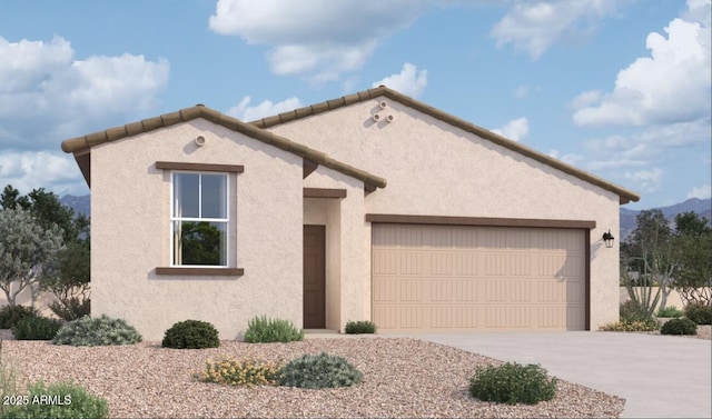 47719 W Kenner Dr, Maricopa, AZ 85139 - mediterranean / spanish-style house with concrete driveway, an attached garage, stucco siding, and a mountain view