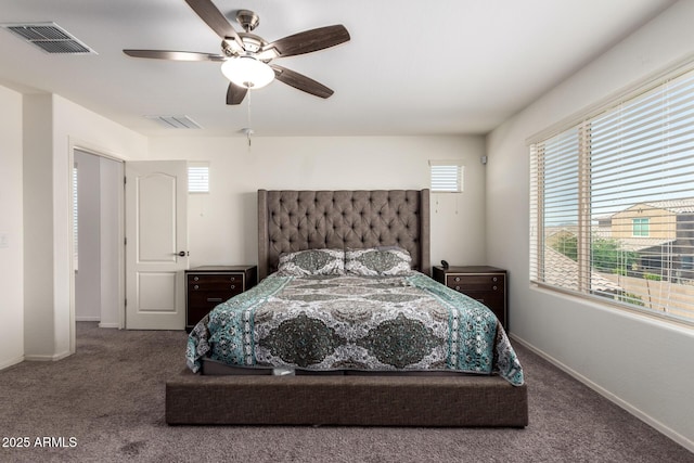 bedroom featuring baseboards, visible vents, and carpet floors