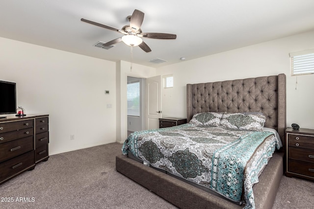 bedroom featuring visible vents, ceiling fan, baseboards, and carpet floors