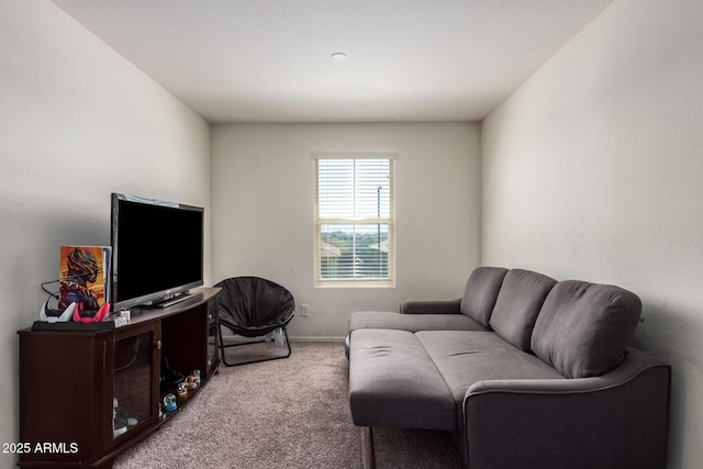 living area with baseboards and carpet