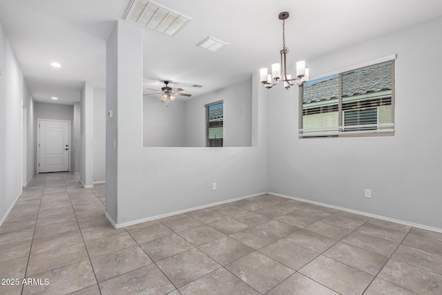 11505 W Boca Raton Rd, El Mirage, AZ 85335 - tiled empty room with a chandelier, baseboards, recessed lighting, and a ceiling fan
