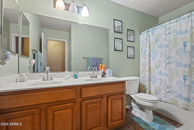 full bath featuring toilet, double vanity, and shower / bath combo