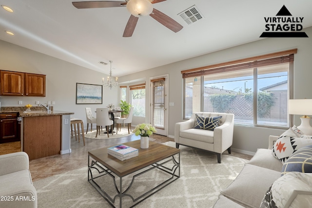 3649 E Hazeltine Way, Chandler, AZ 85249 - living area featuring a chandelier, baseboards, a ceiling fan, lofted ceiling, and recessed lighting