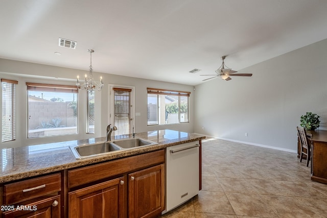 3649 E Hazeltine Way, Chandler, AZ 85249 - kitchen featuring a sink, white dishwasher, a chandelier, ceiling fan, and light tile patterned floors