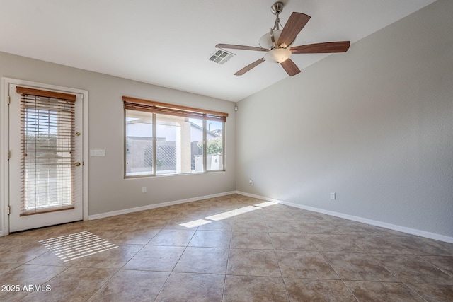 3649 E Hazeltine Way, Chandler, AZ 85249 - unfurnished room with lofted ceiling, a ceiling fan, light tile patterned flooring, and baseboards
