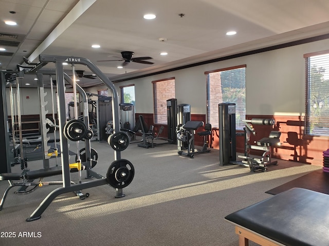 3649 E Hazeltine Way, Chandler, AZ 85249 - workout area with ceiling fan, ornamental molding, a wainscoted wall, and recessed lighting