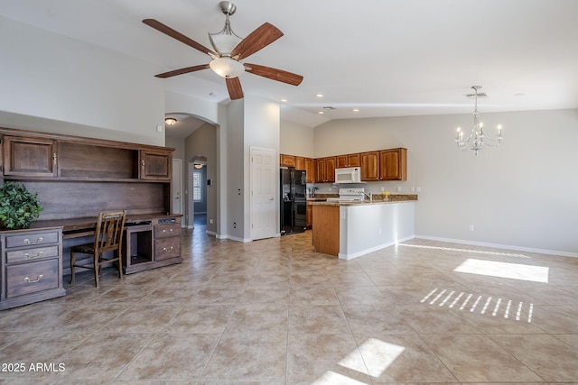 3649 E Hazeltine Way, Chandler, AZ 85249 - kitchen featuring white appliances, lofted ceiling, a chandelier, arched walkways, and a peninsula