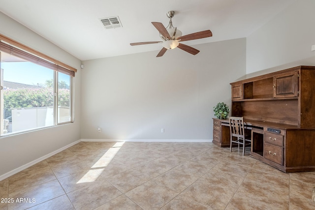 3649 E Hazeltine Way, Chandler, AZ 85249 - office area featuring lofted ceiling, ceiling fan, light tile patterned floors, and baseboards