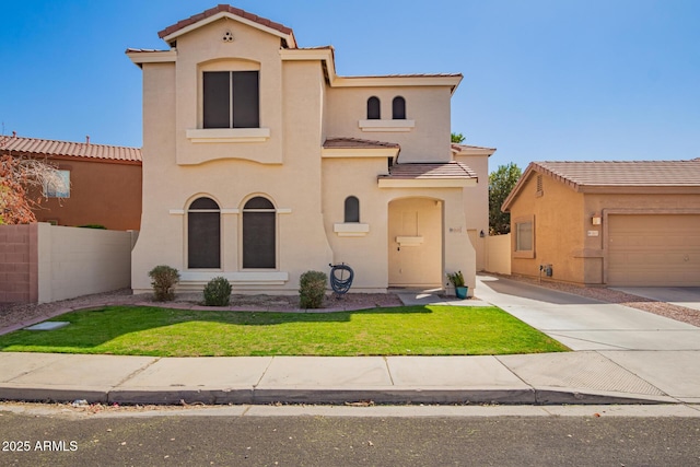 mediterranean / spanish-style house featuring driveway, a tile roof, fence, and stucco siding