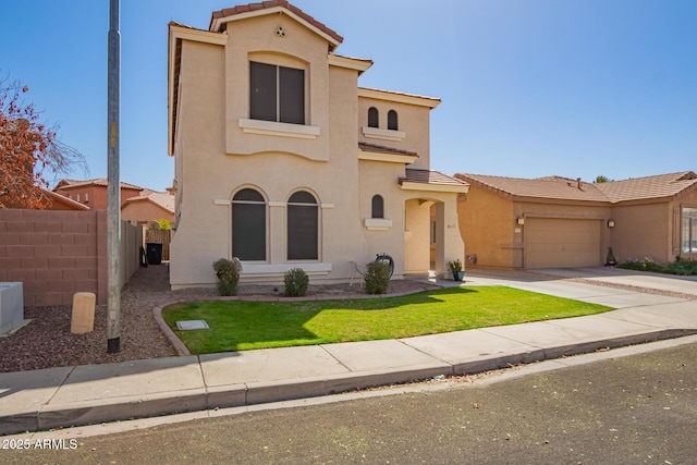 mediterranean / spanish-style home featuring a tile roof, stucco siding, concrete driveway, fence, and a garage