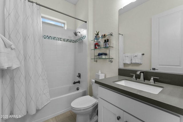 full bathroom featuring vanity, toilet, tile patterned flooring, and shower / bath combo with shower curtain