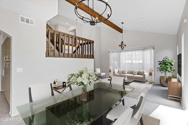 dining space with beamed ceiling, an inviting chandelier, and high vaulted ceiling