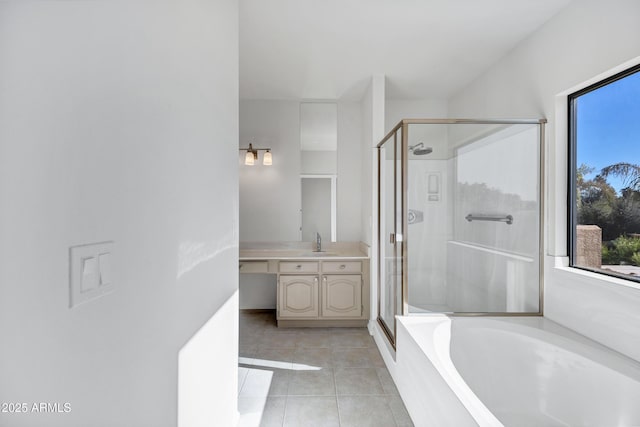 bathroom with separate shower and tub, tile patterned floors, and vanity