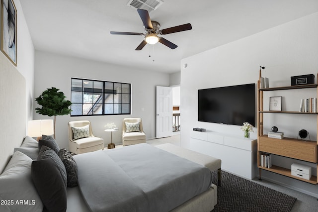 living room featuring ceiling fan and light colored carpet