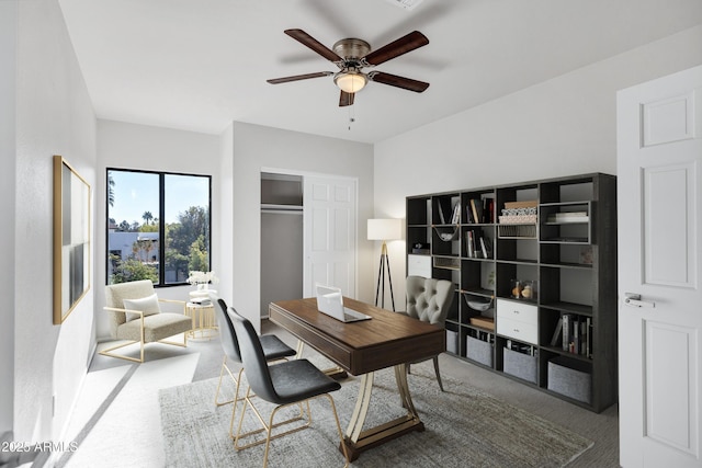 office space with ceiling fan and carpet