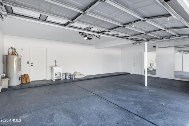 garage featuring a garage door opener and water heater