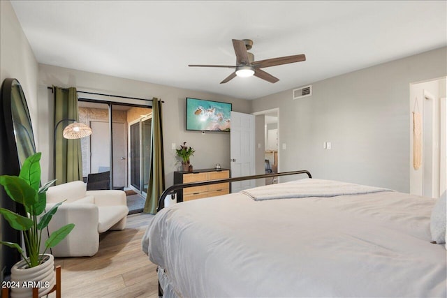 bedroom with access to exterior, light wood-type flooring, and ceiling fan