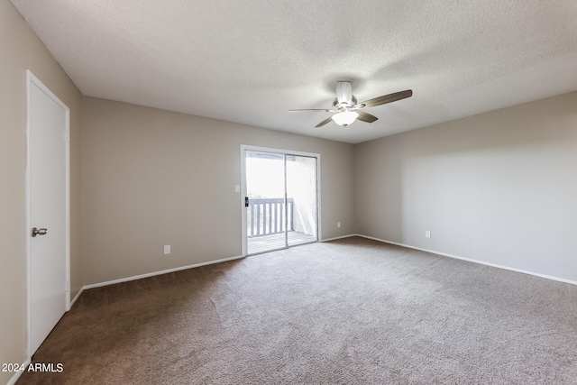 unfurnished room with carpet flooring, ceiling fan, and a textured ceiling