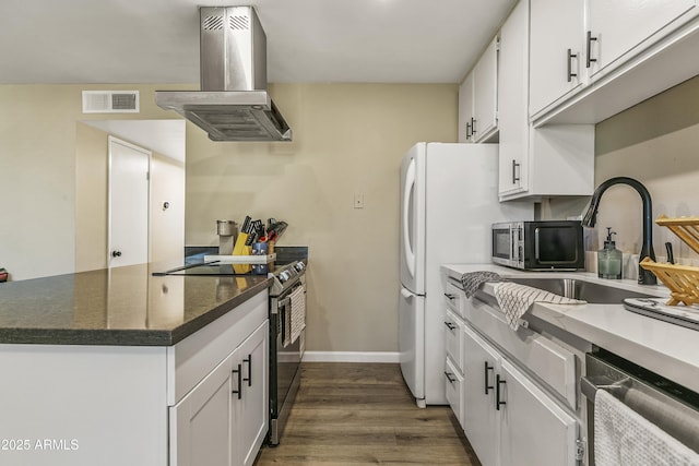 kitchen with sink, appliances with stainless steel finishes, island range hood, and white cabinetry