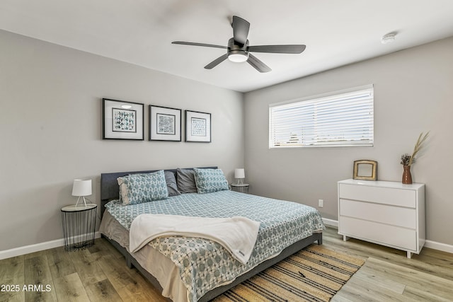 bedroom featuring ceiling fan and light hardwood / wood-style flooring