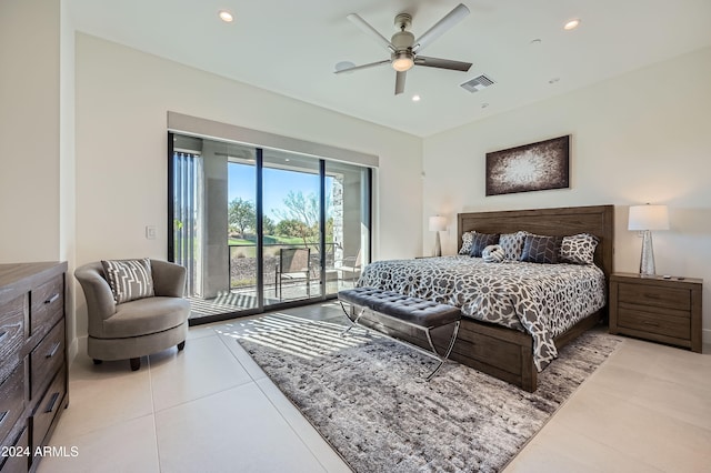 bedroom with access to exterior, ceiling fan, and light tile patterned flooring